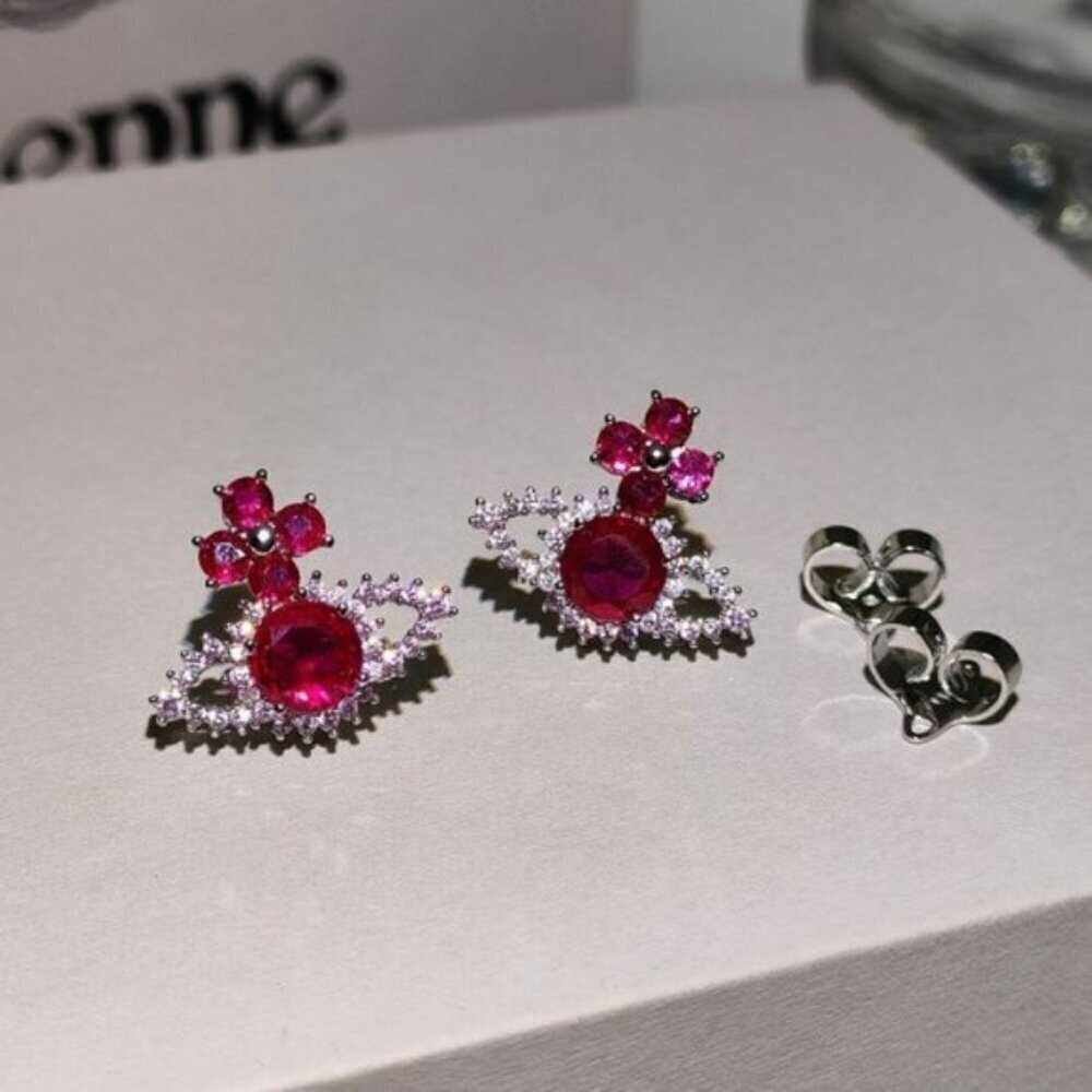 Vivienne Westwood Red Orb Earrings Crystal Saturn Logo Iconic Studs